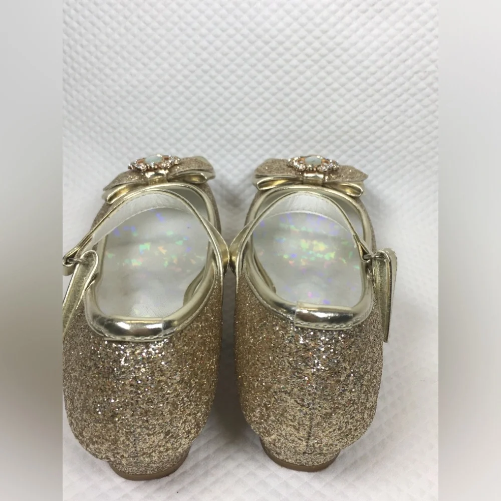 Stelle Girls' Mary Jane Hook & Loop Dress Shoes Gold Glitter Bow Gem Low Heel